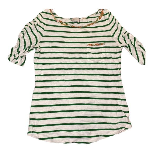 Anthropologie Postmark 3/4 Ruffled Sleeve Striped Top with Floral Neck - Picture 1 of 7